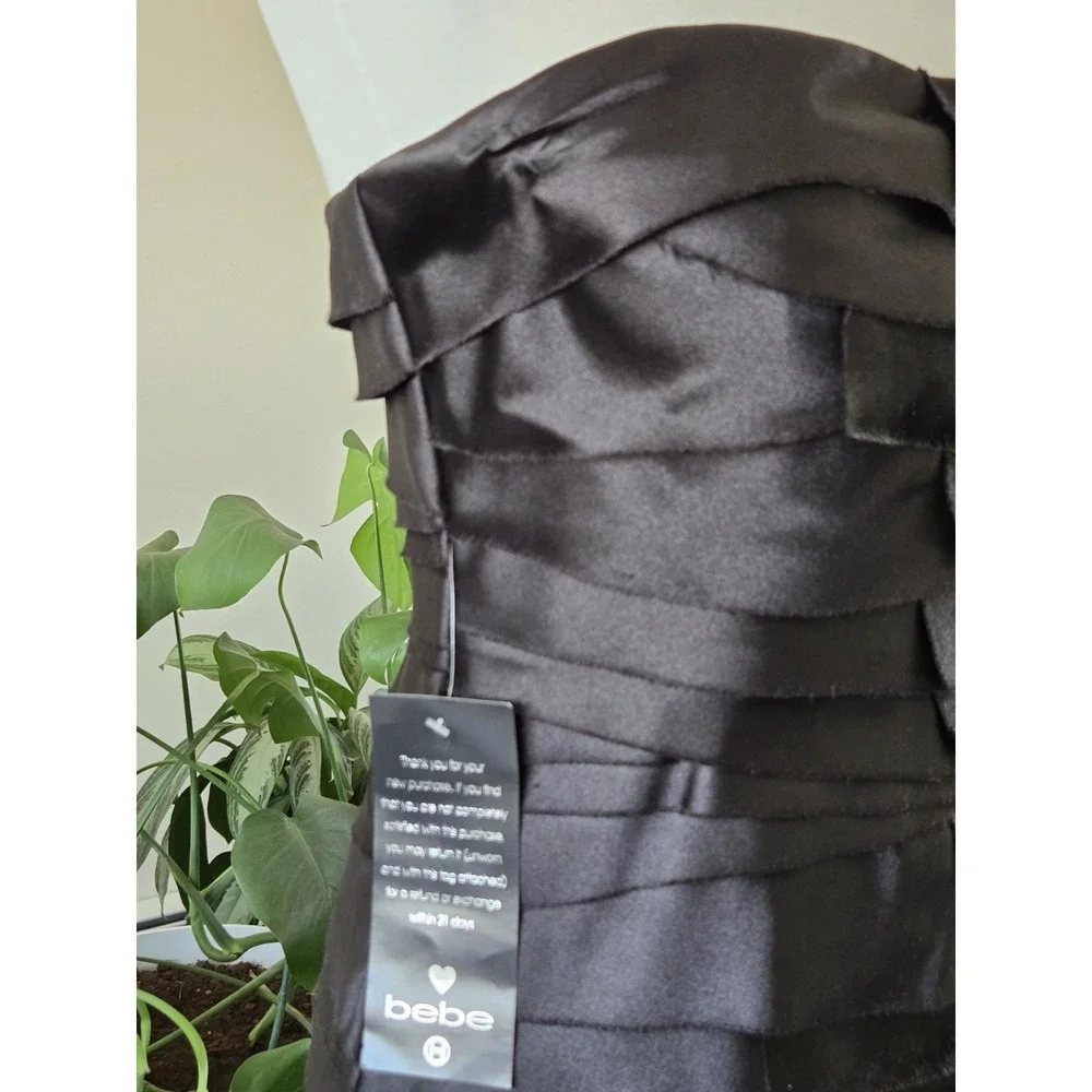 Bebe Bandage Black Elegant Satin Cocktail Mini Dress Womens Medium Strapless NWT
